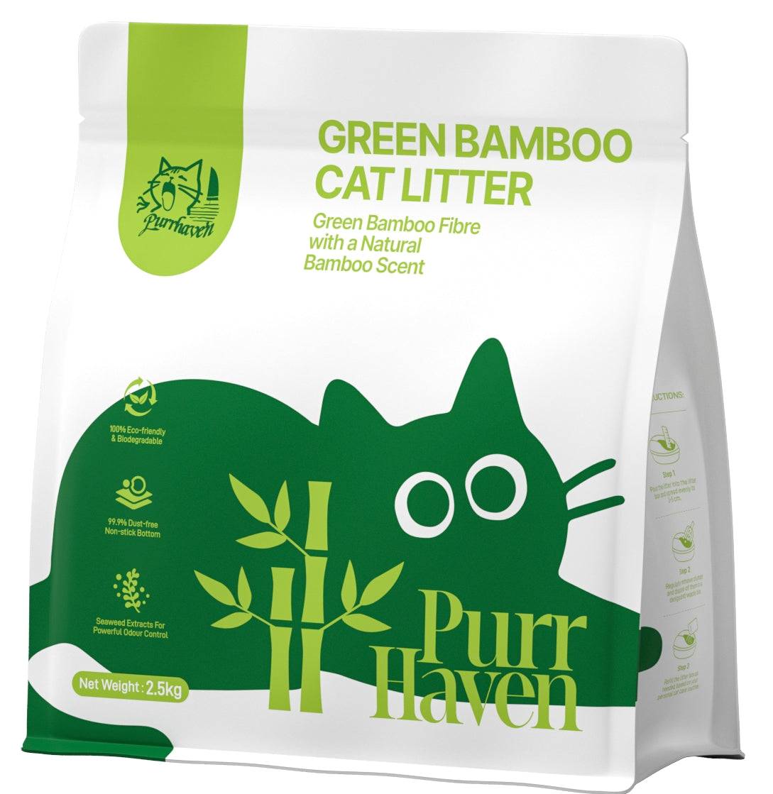 Green Bamboo Cat Litter | Natural Bamboo Quinone for Odor Control | Dust-Free, Low Tracking | Food-Grade Safe | 2.5kg