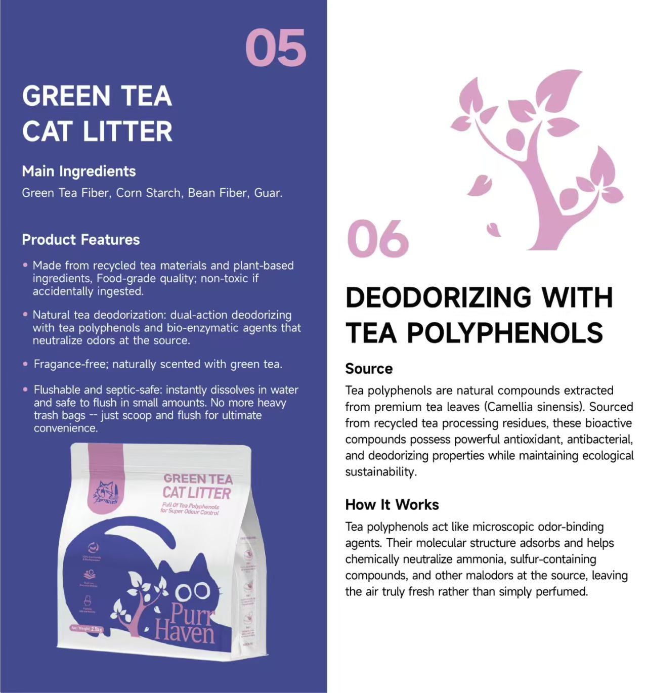 Green Tea Cat Litter | Flushable & Compostable | Natural Tea Polyphenols for Odor Control | Dust-Free, Low Tracking | Food-Grade Safe | 2.5kg